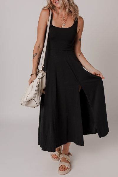 Black Sleeveless Scoop Neck Flared Split Midi Dress