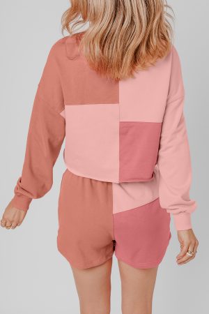 Alternative view of Peach Blossom Colorblock Patchwork Long Sleeve Shorts Outfit