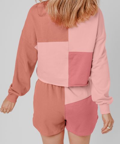 Peach Blossom Colorblock Patchwork Long Sleeve Shorts Outfit