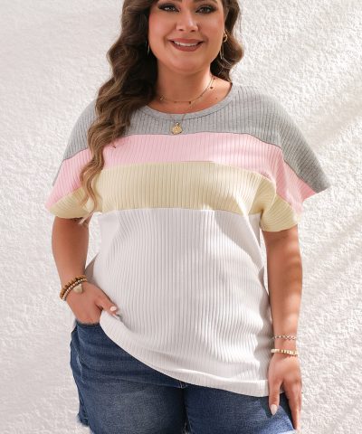 White Colorblock Patchwork Batwing Sleeve Ribbed Plus T Shirt