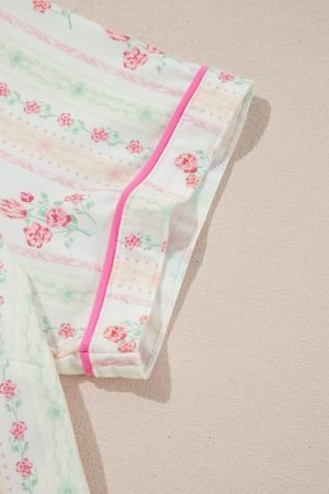 Beige Floral Print Contrast Pipping Short Pajamas Set - Image 7