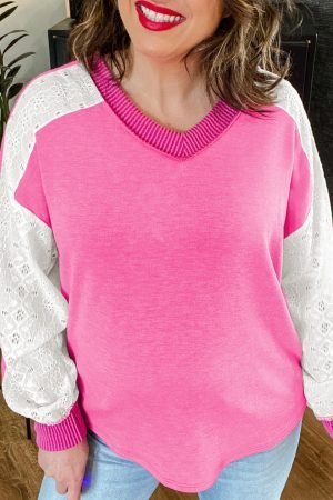 Bonbon Lace Striped Patchwork Long Sleeve Corded V Neck Plus Size Top