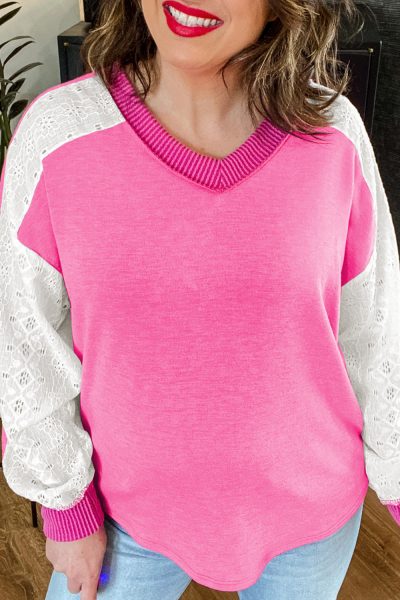 Bonbon Lace Striped Patchwork Long Sleeve Corded V Neck Plus Size Top