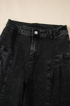 Dark Grey Pleated Wide Leg Mineral Wash Denim Pants - Image 8