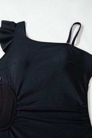 Black Asymmetric Ruffle Shoulder Pleated One Piece Swimsuit - Image 7