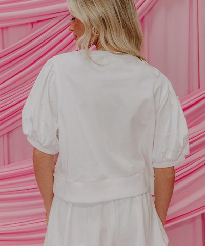 White Contrast Bow Trim Pearl Puff Sleeve Blouse and Skort 2pcs Set