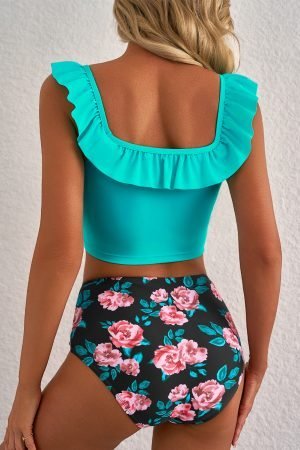 Sea Green Solid Ruffled Square Neck Swim Top and Floral Shorts Bikini Set - Image 6