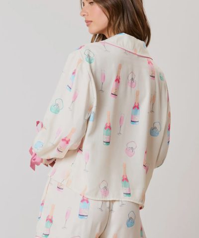 White Christmas Wine Glass Print Bow Knot Two Piece Pajama Set