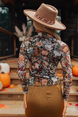 Brown Floral Long Sleeve High Neck Sheath Mesh Blouse - Image 4
