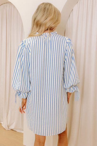 Sky Blue Stripe Knotted Bracelet Sleeve Notched Neck Shift Mini Dress