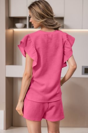 Alternative view of Bonbon Textured Ruffled Sleeve Tee and Drawstring Shorts Set