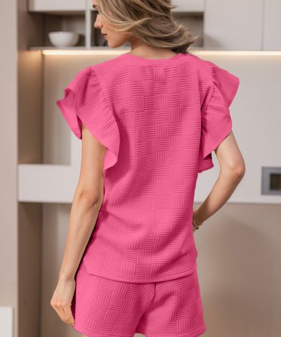 Bonbon Textured Ruffled Sleeve Tee and Drawstring Shorts Set