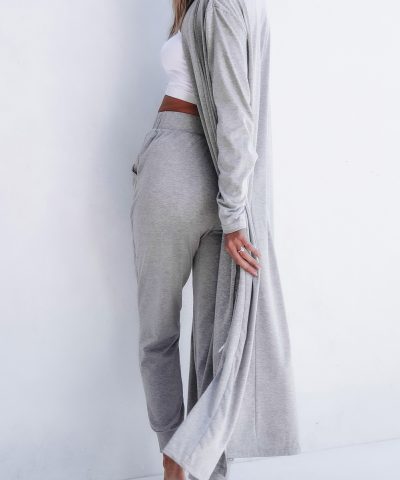Light Grey Split Long Cardigan and Skinny Pants Lounge Set