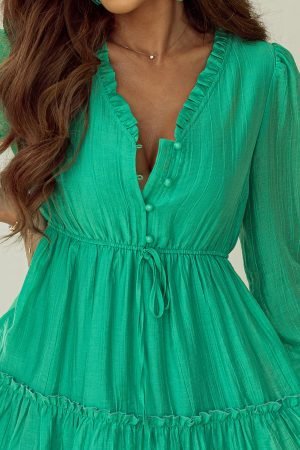 Sea Green Frilly V Neck Puff Sleeve Drawstring Shift Mini Dress - Image 5