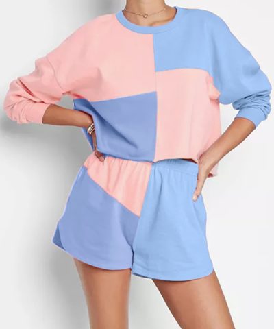 Sky Blue Colorblock Patchwork Long Sleeve Shorts Outfit