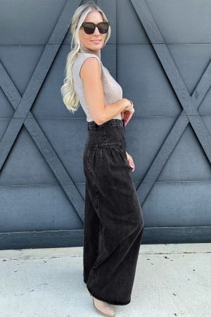 Dark Grey Pleated Wide Leg Mineral Wash Denim Pants - Image 4