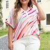 White Abstract Print Short Sleeve Notched Neck Plus Size Top