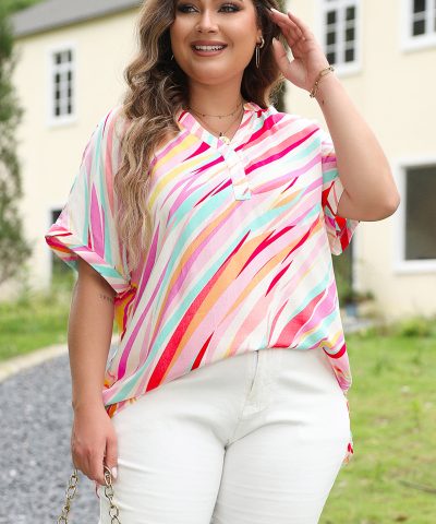 White Abstract Print Short Sleeve Notched Neck Plus Size Top