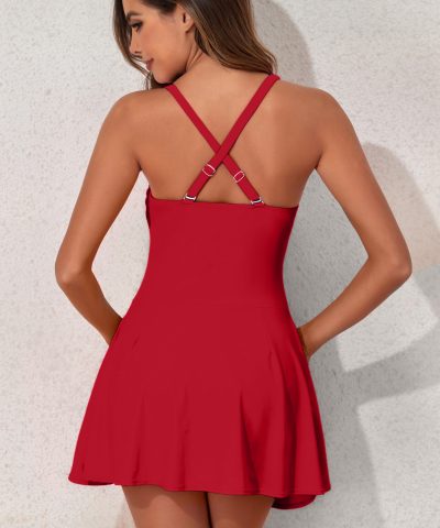 Racing Red U Neck Adjustable Straps Knotted Skirt Patchwork One Piece Slimming Swimsuit