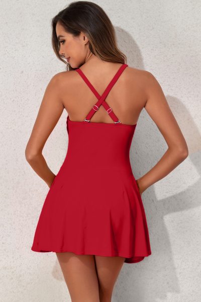 Racing Red U Neck Adjustable Straps Knotted Skirt Patchwork One Piece Slimming Swimsuit