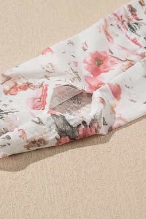 Pink Floral Long Sleeve High Neck Sheath Mesh Top - Image 7