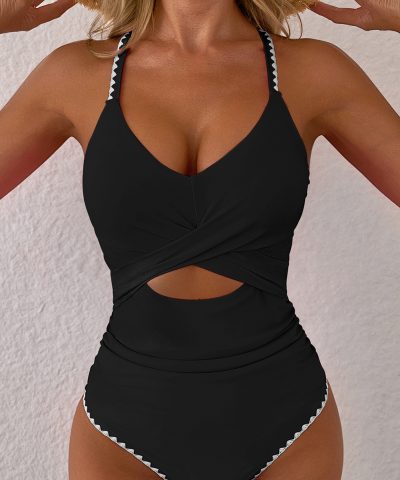 Black Ric Rac Trim Contrasted Patchwork Cutout One Piece Swimsuit