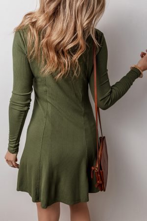 Alternative view of Guacamole Green Rib Knit Square Neck Buttoned Long Sleeve Mini Dress