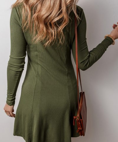 Guacamole Green Rib Knit Square Neck Buttoned Long Sleeve Mini Dress