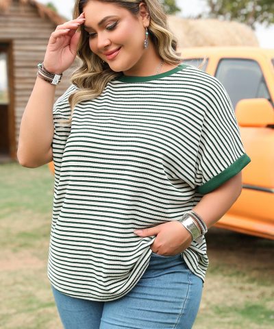 Green Stripe Trimmed Round Neck Plus Size Boxy Fit T-shirt