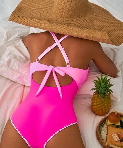 Rose Red Ric Rac Trim Contrasted Patchwork Cutout One Piece Swimsuit