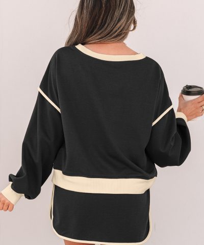 Black Color Contrast Loose Pullover and Lace-up Waist Skort Set