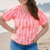 Rose Bowknot Print Shirred V Neck Puff Sleeve Plus Size Blouse