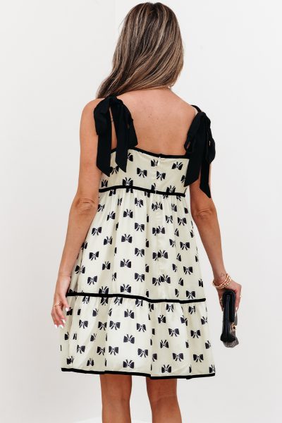 White Bow Knot Color Contrast Trim Knotted Shoulder Mini Dress