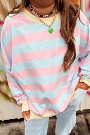 Sky Blue Stripe Drop Shoulder Crewneck Plus Size Sweatshirt - Image 5