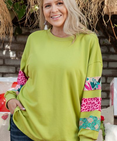 Green Plus Size Printed Patchwork Sleeve Split Sweatshirt