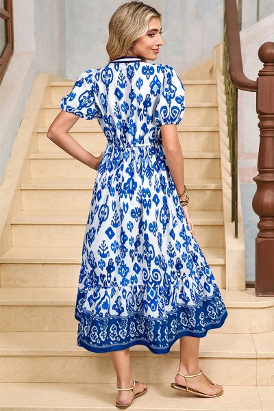 Blue Floral Puff Short Sleeve V Neck High Waist Maxi Dress