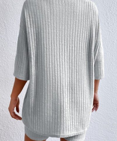 Gray Plain Ribbed Loose Fit Two Piece Lounge Set