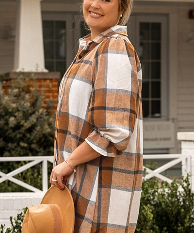 Khaki Plus Size Plaid Flounce Sleeve Button up Shirt Dress