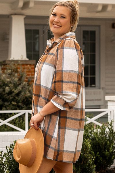 Khaki Plus Size Plaid Flounce Sleeve Button up Shirt Dress