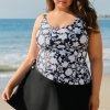 Black Plus Size Printed Square Neck Drawstring Ruffled Tankini Set
