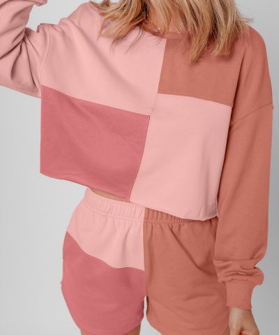 Peach Blossom Colorblock Patchwork Long Sleeve Shorts Outfit