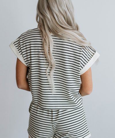 White Stripe Contrast Edge Tee and Shorts Set