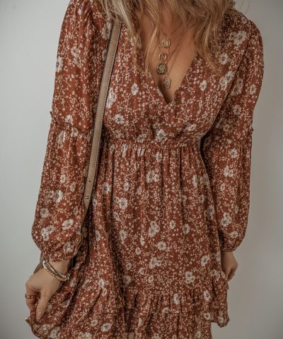 Brown Boho Floral Ruffled Puff Sleeve V Neck Mini Dress