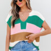 Multicolour Color Block Notch V Neck Sweater T Shirt