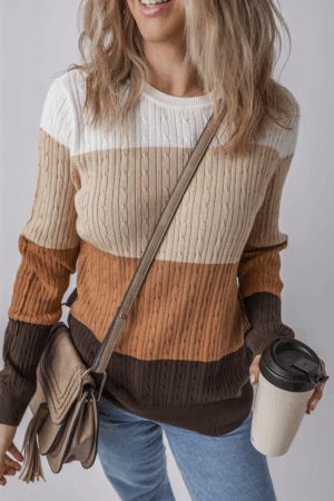 Khaki Colorblock Cable Knit Round Neck Sweater - Image 6