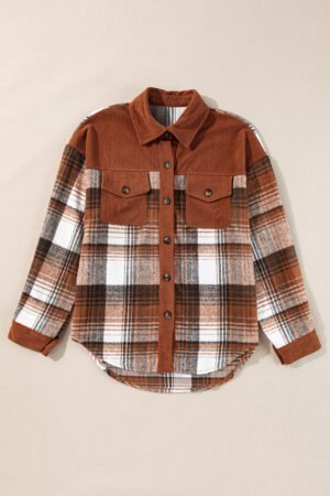 Cinnamon Plaid Corduroy Patchwork Chest Pocket Shacket - Image 5