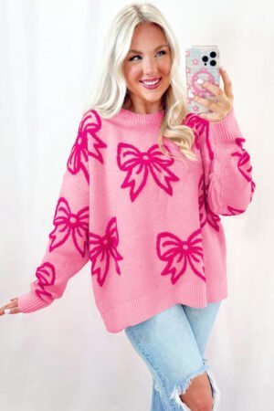 Pink Bow Pattern Drop Shoulder Loose Sweater - Image 3