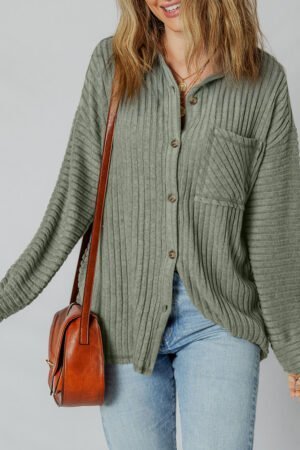 Mist Green Thermal Ribbed Texture Drop Shoulder Button Up Shacket - Image 2