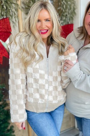 Khaki Checker Sherpa Corduroy Patchwork Zip up Collared Jacket - Image 5