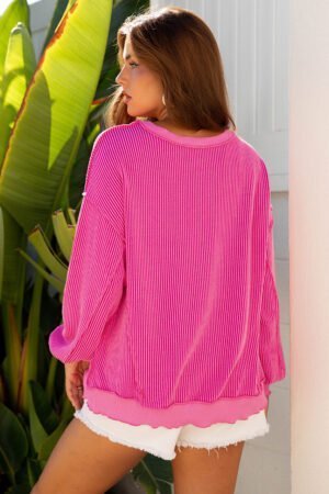 Strawberry Pink Twisted Rib Uneven Hem Drop Shoulder Loose Knit Top - Image 2